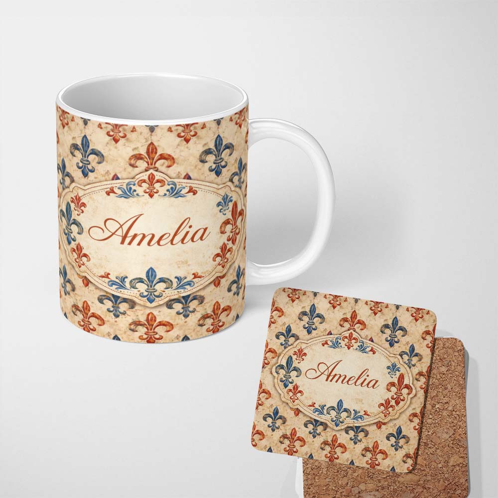 Personalized Custom Name Rustic Red and Blue Fleur de Lis Grunge Style Pattern on Textured 11oz Ceramic Coffee Tea Mug White Large Handle
