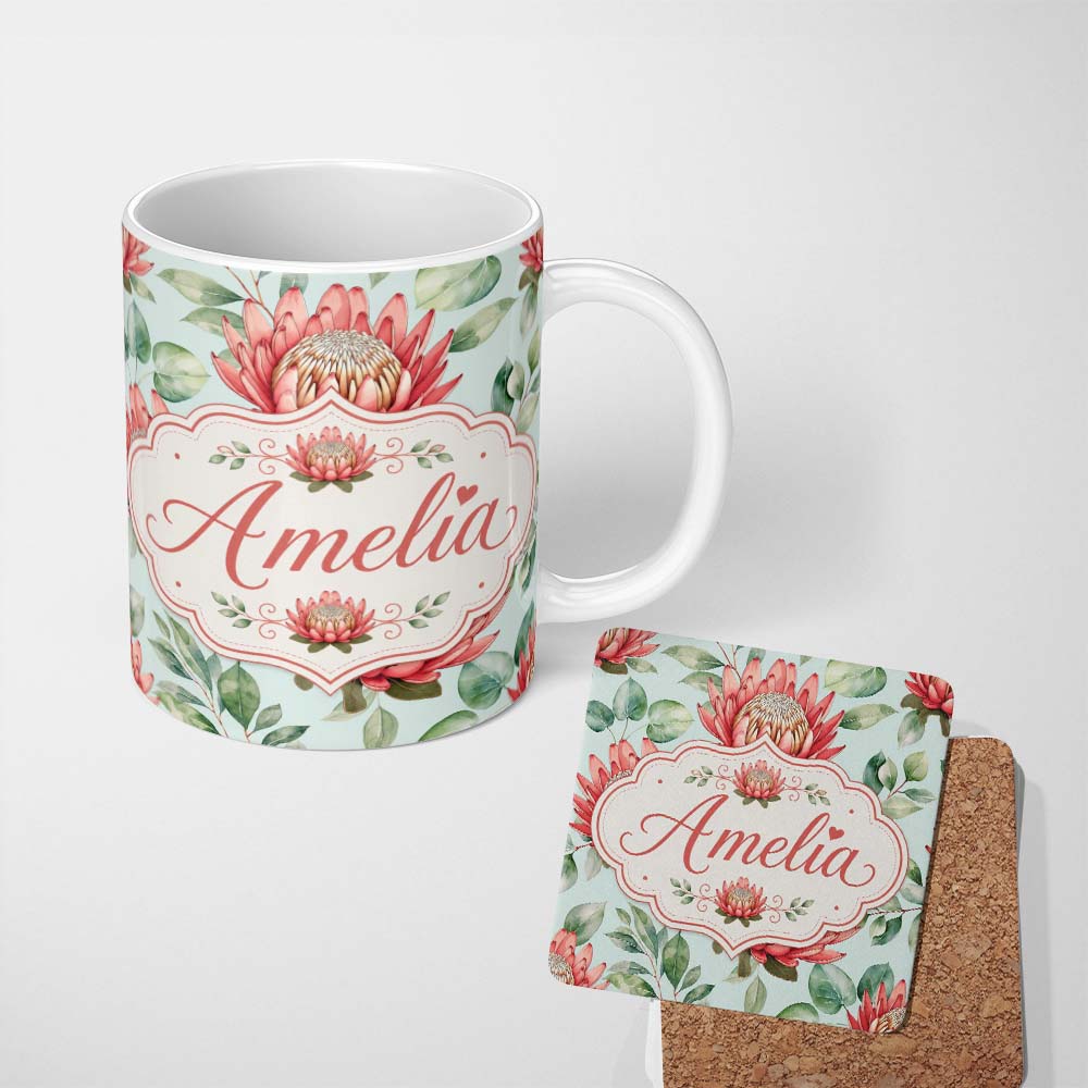 Personalized Custom Name Coral Protea Flowers on Soft Mint Background Seamless Botanical 11oz Ceramic Coffee Tea Mug White Large Handle