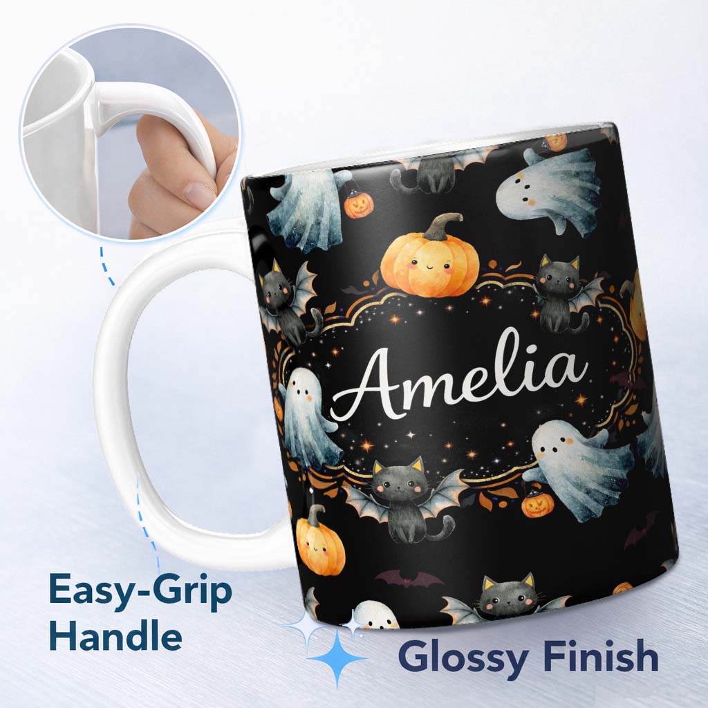 Personalized Custom Name Halloween Ghost Pumpkin Cat Seamless Pattern Neutral Grey Cute 11oz Ceramic Coffee Tea Mug White Large Handle