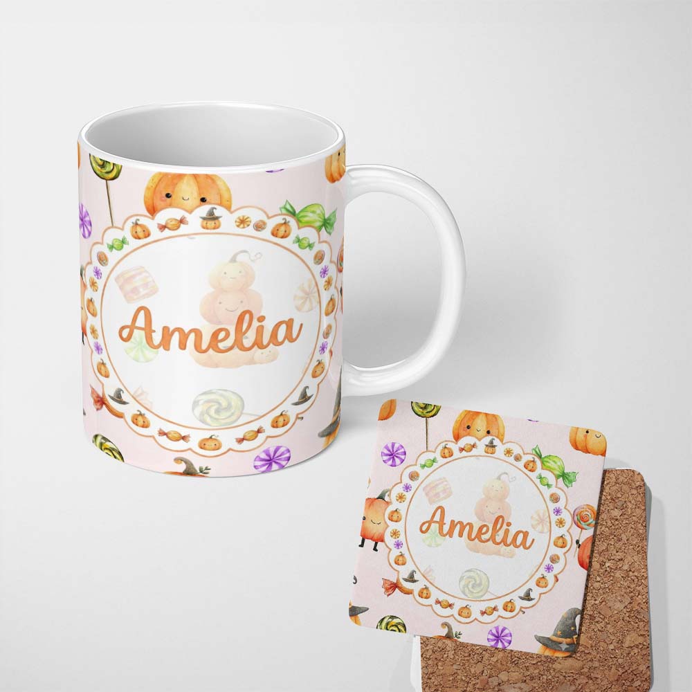 Personalized Custom Name Cute Watercolor Pumpkins and Candy Sweets on Neutral Beige Lovely 11oz Ceramic Coffee Tea Mug White Large Handle