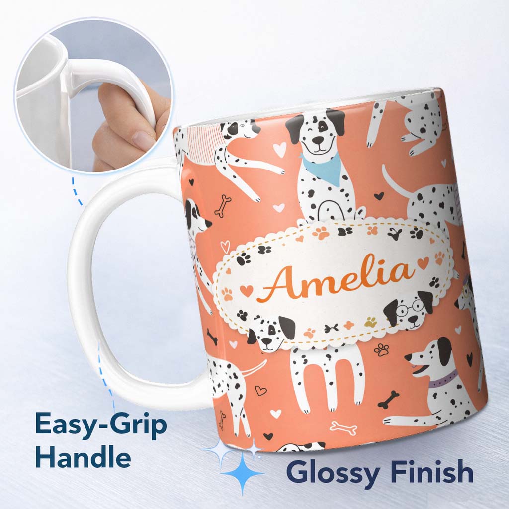 Personalized Custom Name Dalmatian Dogs Hearts Peach Background Seamless Pattern Lovely 11oz Ceramic Coffee Tea Mug White Large Handle