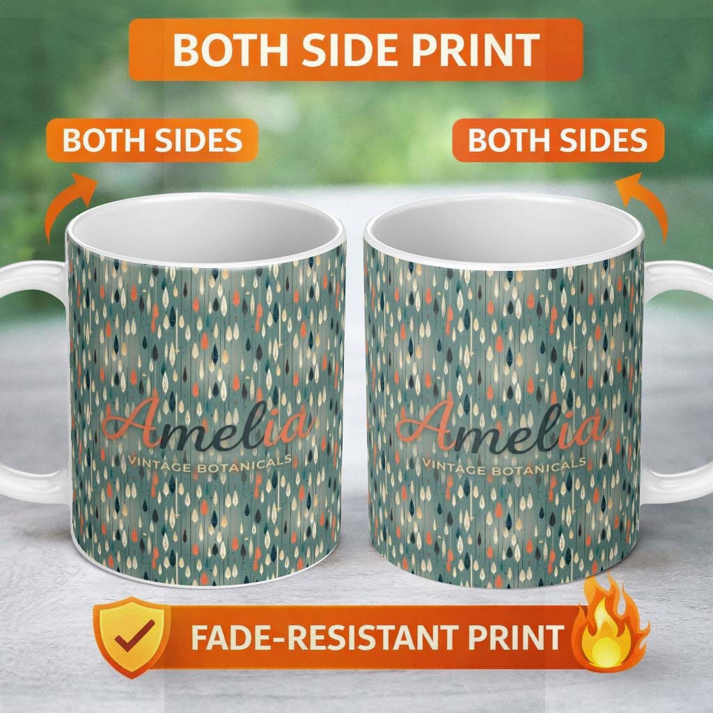 Personalized Custom Name Mid Century Leaf Drop Shapes Teal Background Seamless Pattern Lovely 11oz Ceramic Coffee Tea Mug White Large Handle