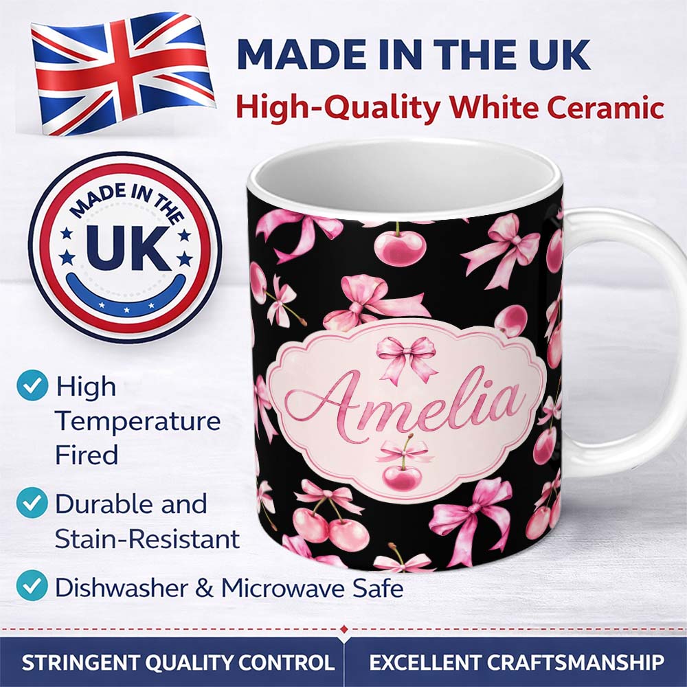 Personalized Custom Name Watercolor Pink Cherry Ribbon Bow Seamless Pattern Light Grey Lovely 11oz Ceramic Coffee Tea Mug White Large Handle