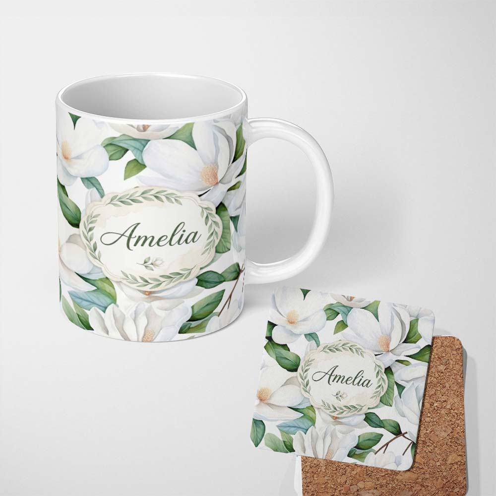 Personalized Custom Name Soft White Magnolia Flowers and Green Leaves Seamless Pattern Lovely 11oz Ceramic Coffee Tea Mug White Large Handle