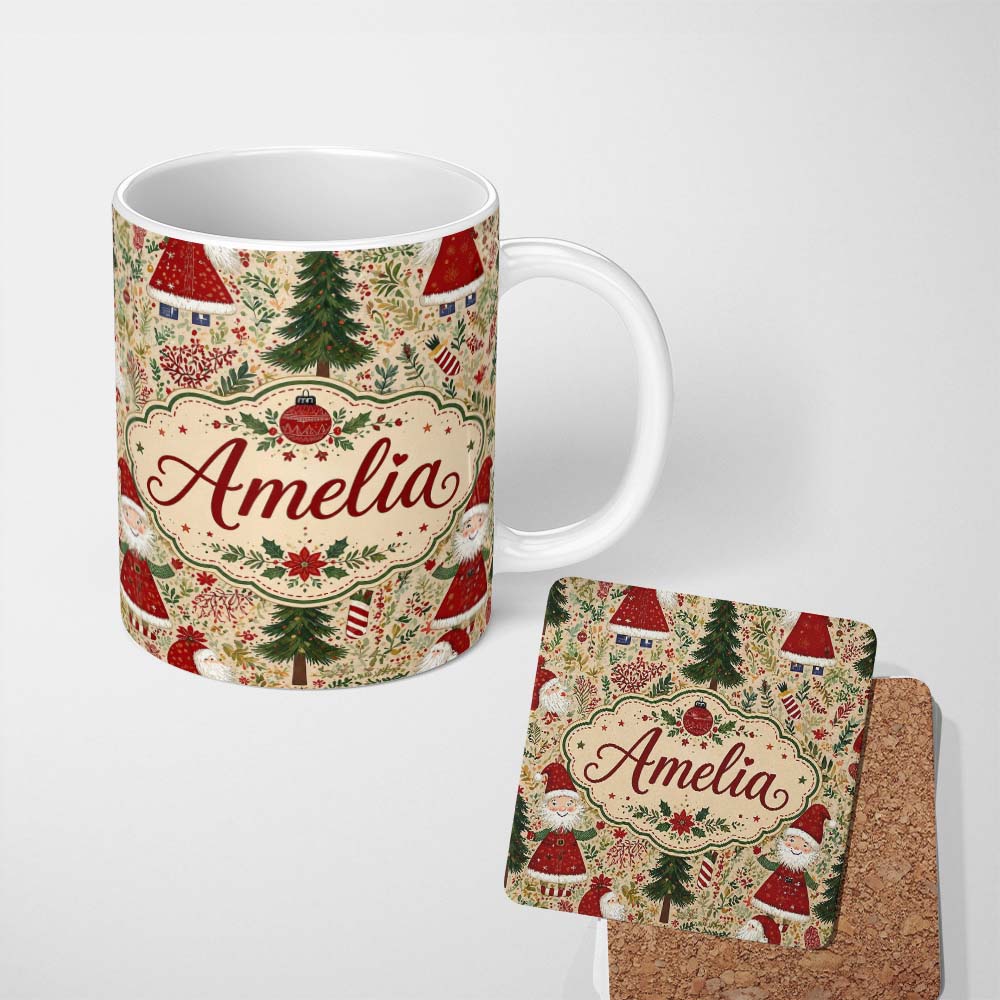 Personalized Custom Name Whimsical Santa Gnome Christmas Trees Seamless Pattern Festive 11oz Ceramic Coffee Tea Mug White Large Handle