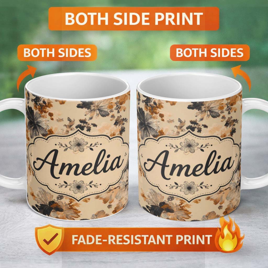 Personalized Custom Name Artistic Watercolor Floral with Soft Neutral Tones Texture Lovely 11oz Ceramic Coffee Tea Mug White Large Handle
