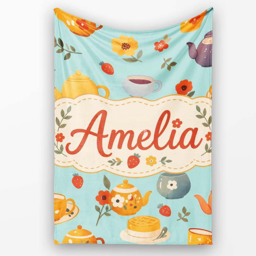 Cute Vintage Teapots Cups Flowers Mint Background Seamless Pattern Personalised Custom Name Super Soft Fleece Blanket Bed Sofa Throw