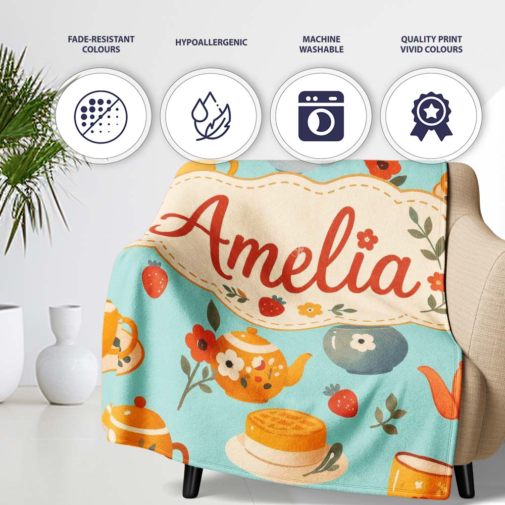 Cute Vintage Teapots Cups Flowers Mint Background Seamless Pattern Personalised Custom Name Super Soft Fleece Blanket Bed Sofa Throw