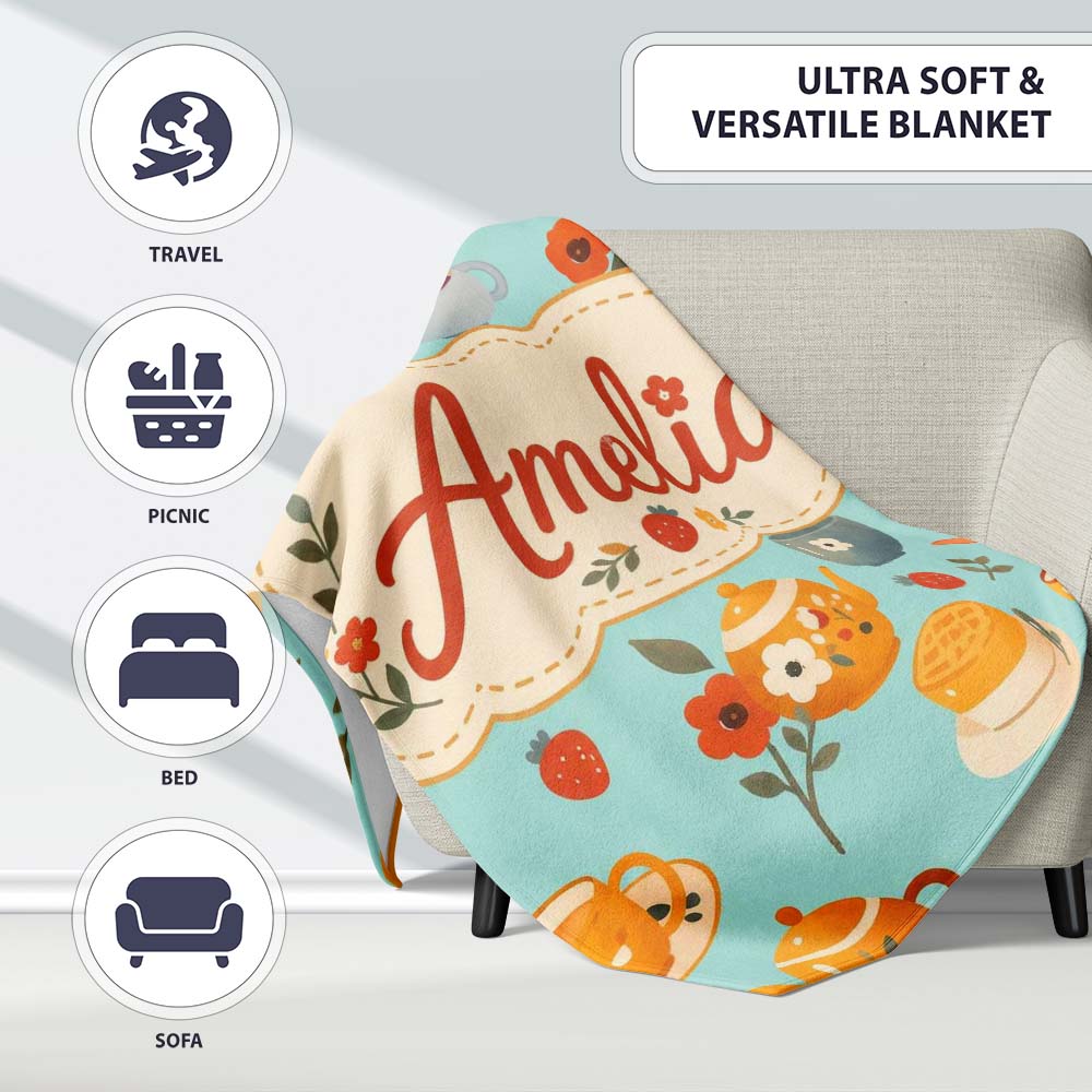 Cute Vintage Teapots Cups Flowers Mint Background Seamless Pattern Personalised Custom Name Super Soft Fleece Blanket Bed Sofa Throw