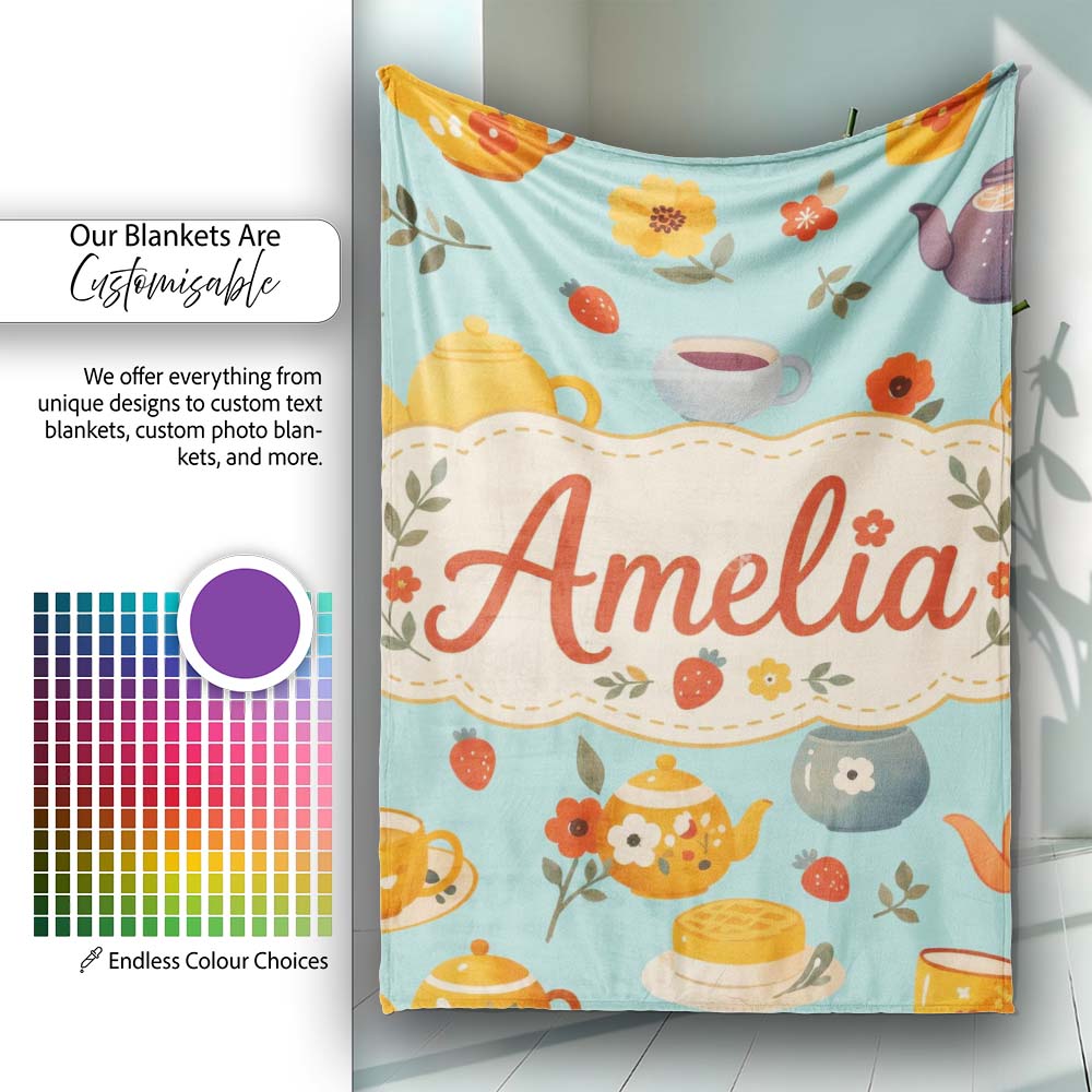 Cute Vintage Teapots Cups Flowers Mint Background Seamless Pattern Personalised Custom Name Super Soft Fleece Blanket Bed Sofa Throw