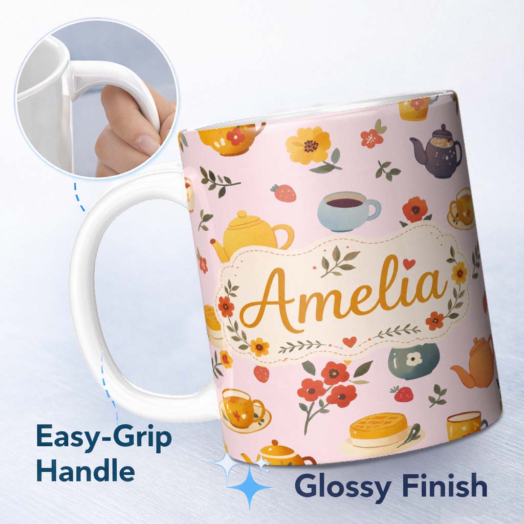 Personalized Custom Name Cute Vintage Teapots Cups Flowers Soft Pink Background Seamless 11oz Ceramic Coffee Tea Mug White Large Handle