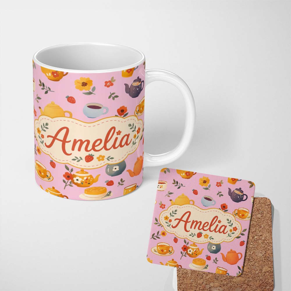 Personalized Custom Name Cute Vintage Teapots Cups Flowers Rose Pink Background Seamless 11oz Ceramic Coffee Tea Mug White Large Handle