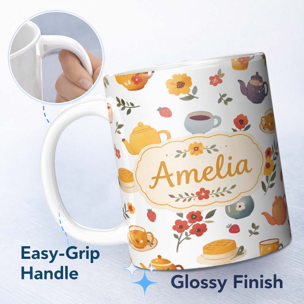 Personalized Custom Name Cute Vintage Teapots Cups Flowers Light Grey Background Seamless 11oz Ceramic Coffee Tea Mug White Large Handle