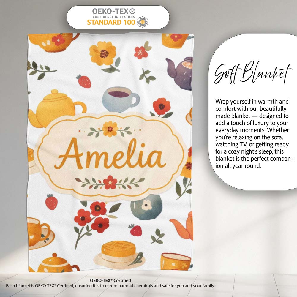 Cute Vintage Teapots Cups Flowers Light Grey Background Seamless Personalised Custom Name Super Soft Fleece Blanket Bed Sofa Throw