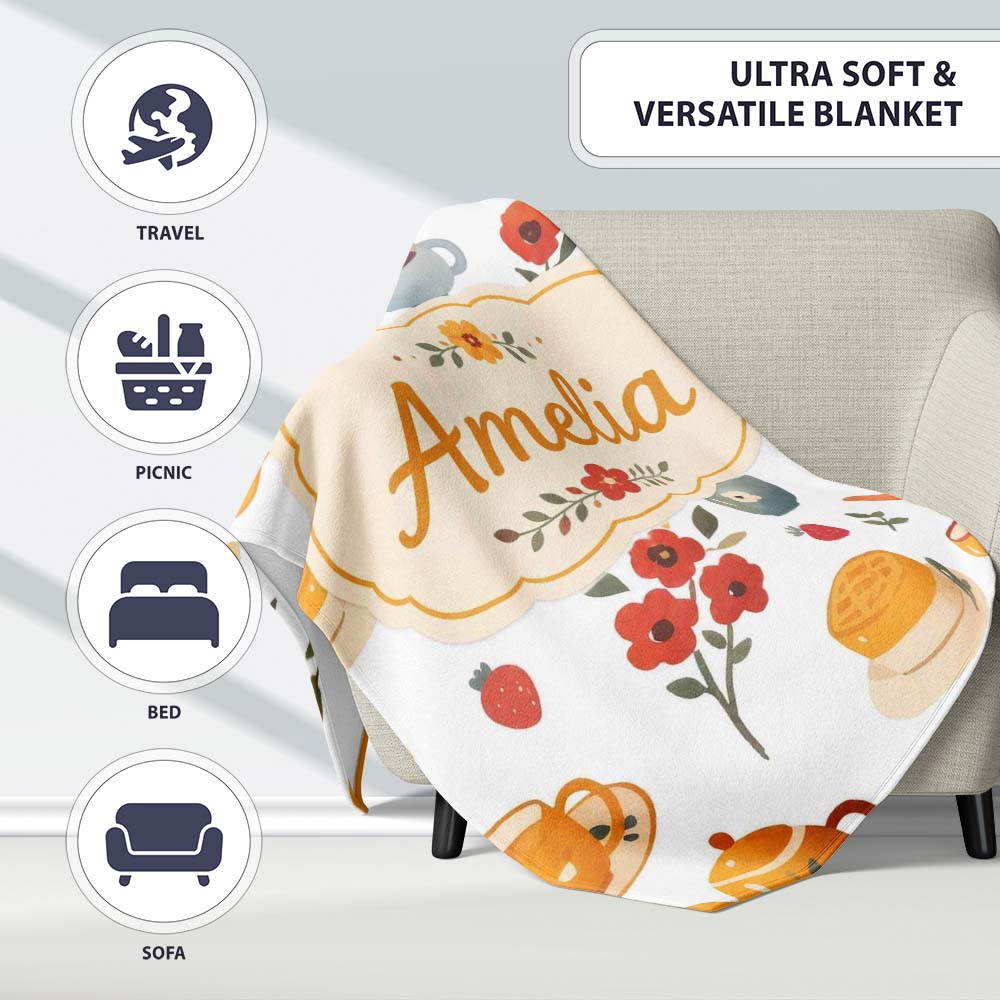 Cute Vintage Teapots Cups Flowers Light Grey Background Seamless Personalised Custom Name Super Soft Fleece Blanket Bed Sofa Throw