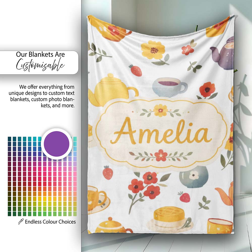 Cute Vintage Teapots Cups Flowers Light Grey Background Seamless Personalised Custom Name Super Soft Fleece Blanket Bed Sofa Throw
