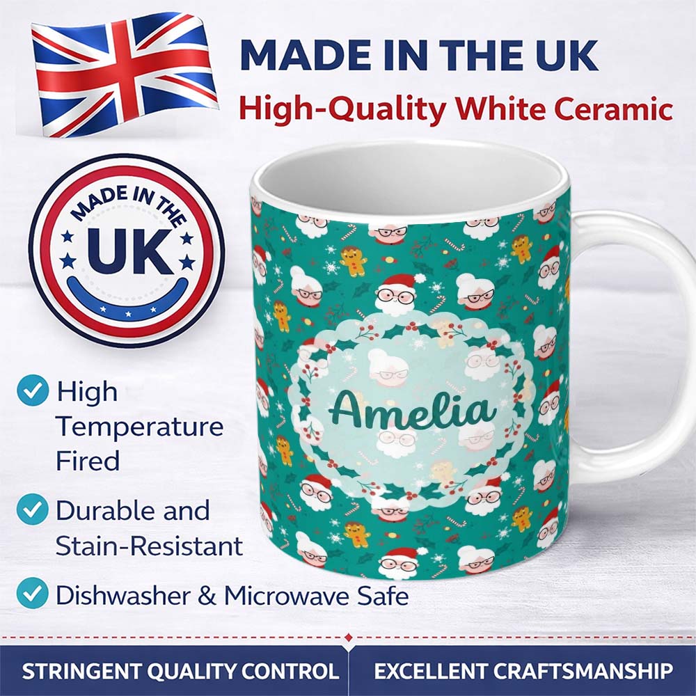 Personalized Custom Name Cute Santa Mrs Claus Gingerbread Seamless Pattern Christmas Family 11oz Ceramic Coffee Tea Mug White Large Handle