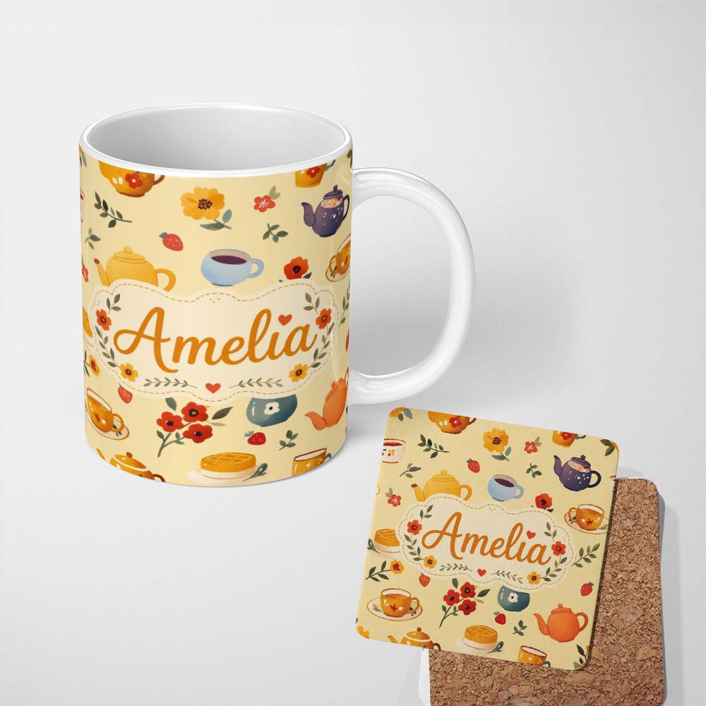 Personalized Custom Name Cute Vintage Teapots Cups Flowers Warm Yellow Background Seamless 11oz Ceramic Coffee Tea Mug White Large Handle