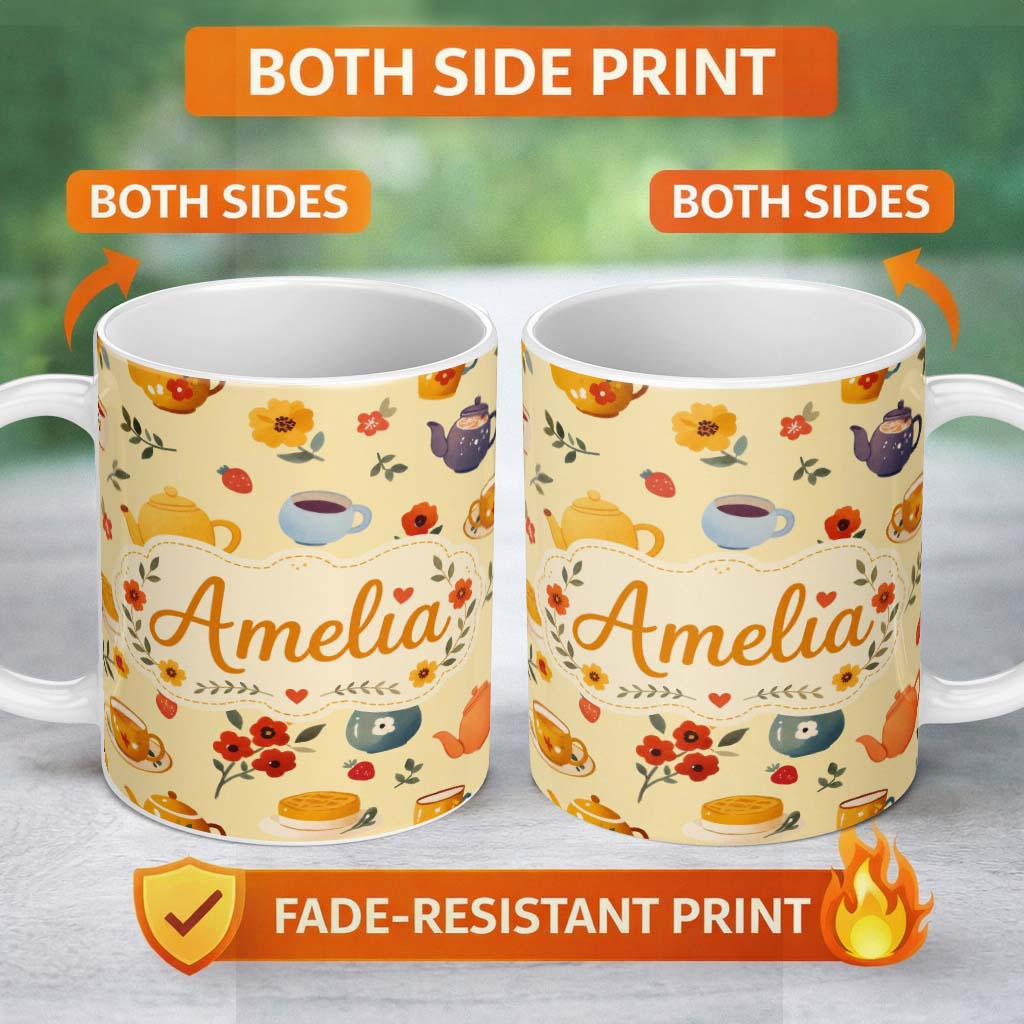 Personalized Custom Name Cute Vintage Teapots Cups Flowers Warm Yellow Background Seamless 11oz Ceramic Coffee Tea Mug White Large Handle