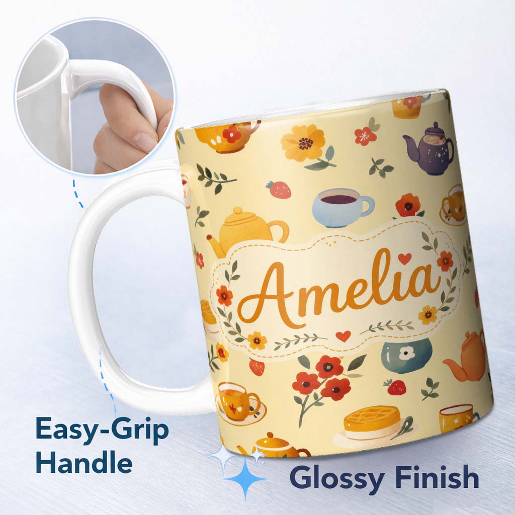 Personalized Custom Name Cute Vintage Teapots Cups Flowers Warm Yellow Background Seamless 11oz Ceramic Coffee Tea Mug White Large Handle