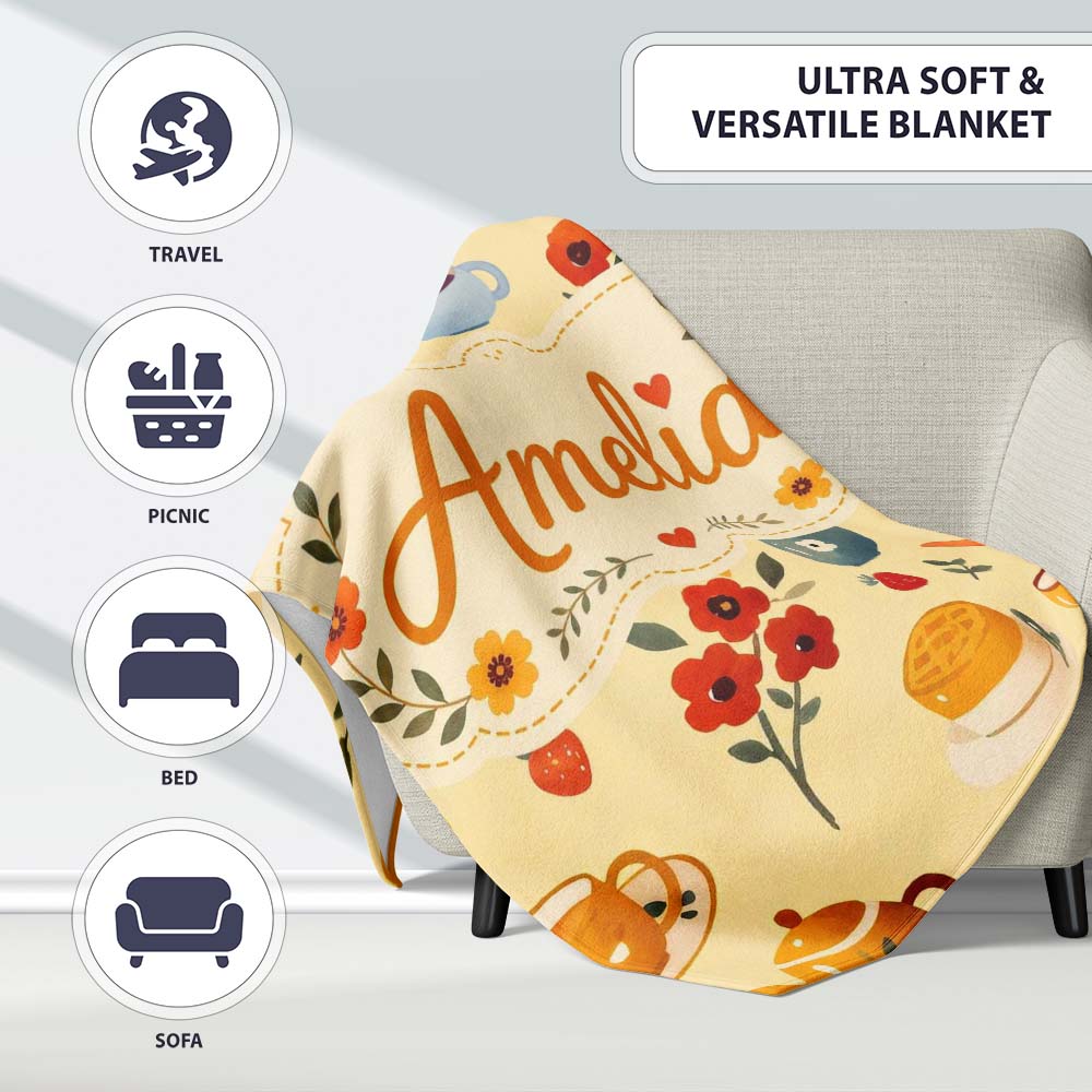 Cute Vintage Teapots Cups Flowers Warm Yellow Background Seamless Personalised Custom Name Super Soft Fleece Blanket Bed Sofa Throw