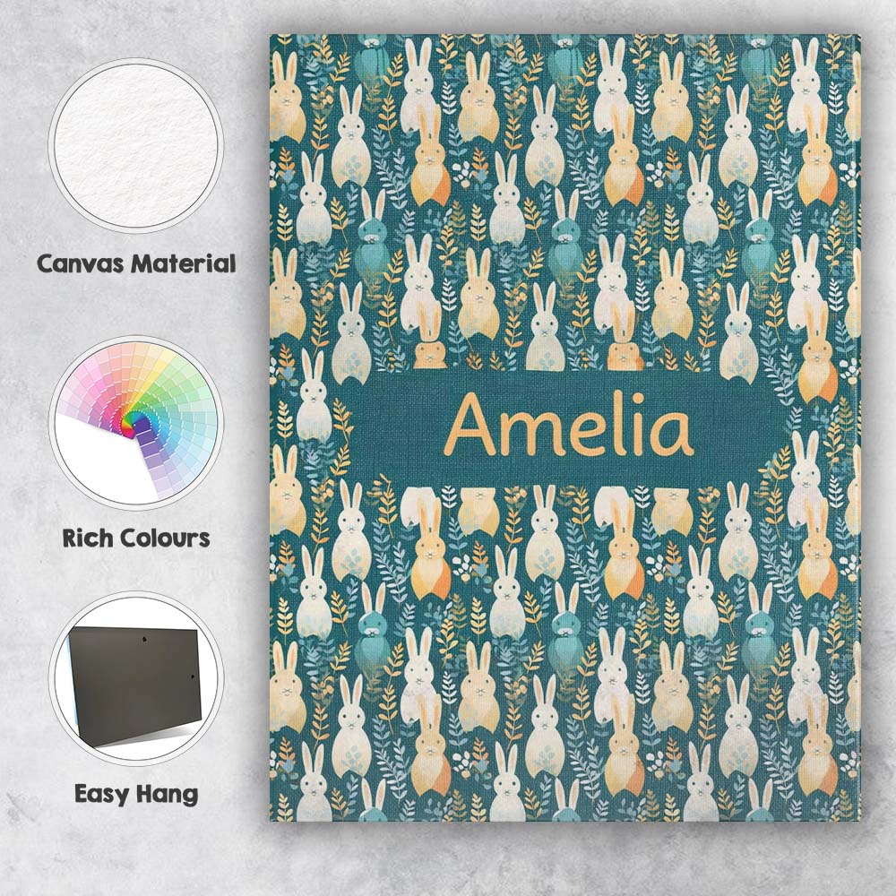 Personalised Name Cute Pastel Bunny Botanical Folk Seamless Custom Elegant Feature Canvas Wall Art Print Decor Picture Ready to Hang