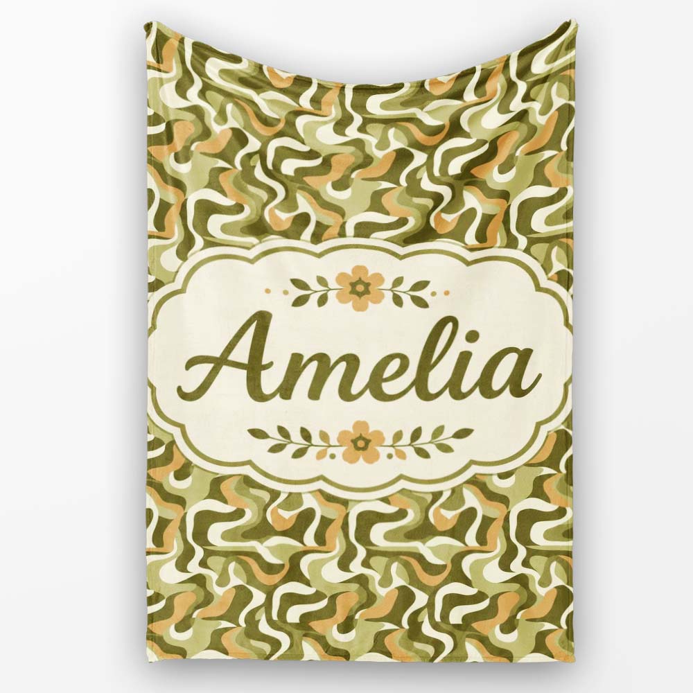 Abstract Olive Green Camouflage Waves Seamless Pattern Name Cute Personalised Custom Name Super Soft Fleece Blanket Bed Sofa Throw