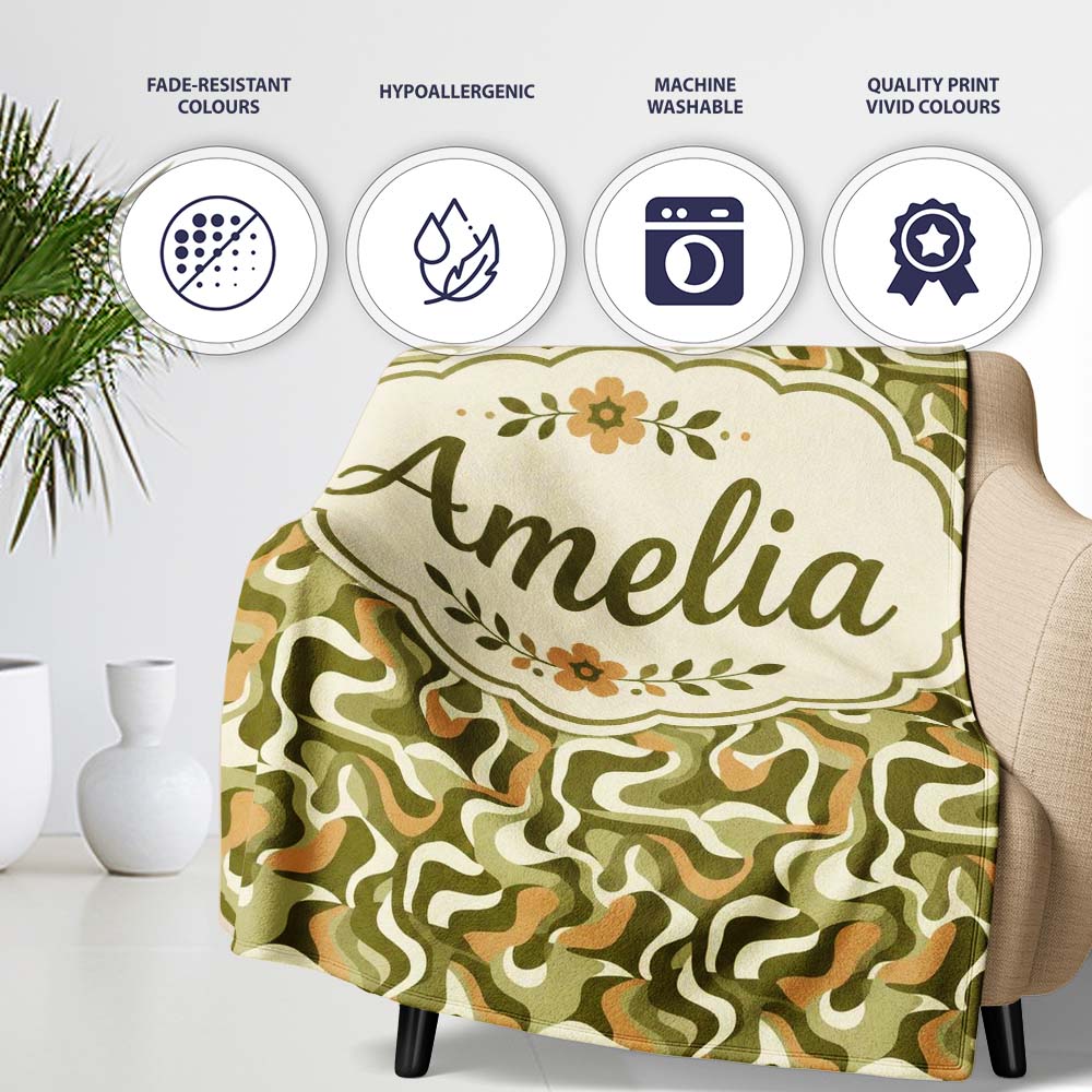 Abstract Olive Green Camouflage Waves Seamless Pattern Name Cute Personalised Custom Name Super Soft Fleece Blanket Bed Sofa Throw