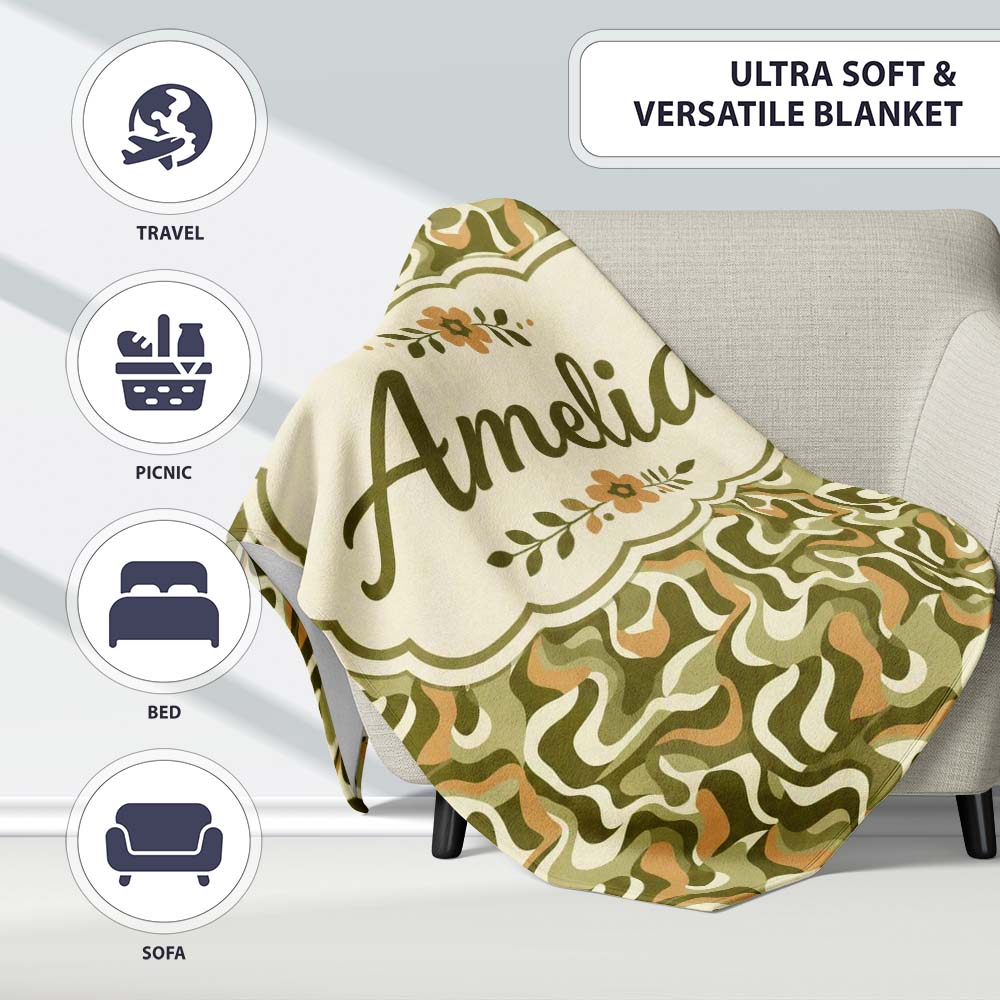 Abstract Olive Green Camouflage Waves Seamless Pattern Name Cute Personalised Custom Name Super Soft Fleece Blanket Bed Sofa Throw