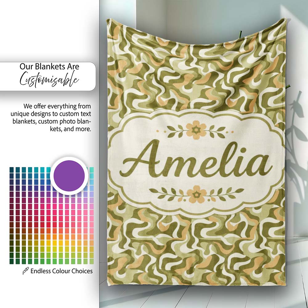 Abstract Olive Green Camouflage Waves Seamless Pattern Name Cute Personalised Custom Name Super Soft Fleece Blanket Bed Sofa Throw