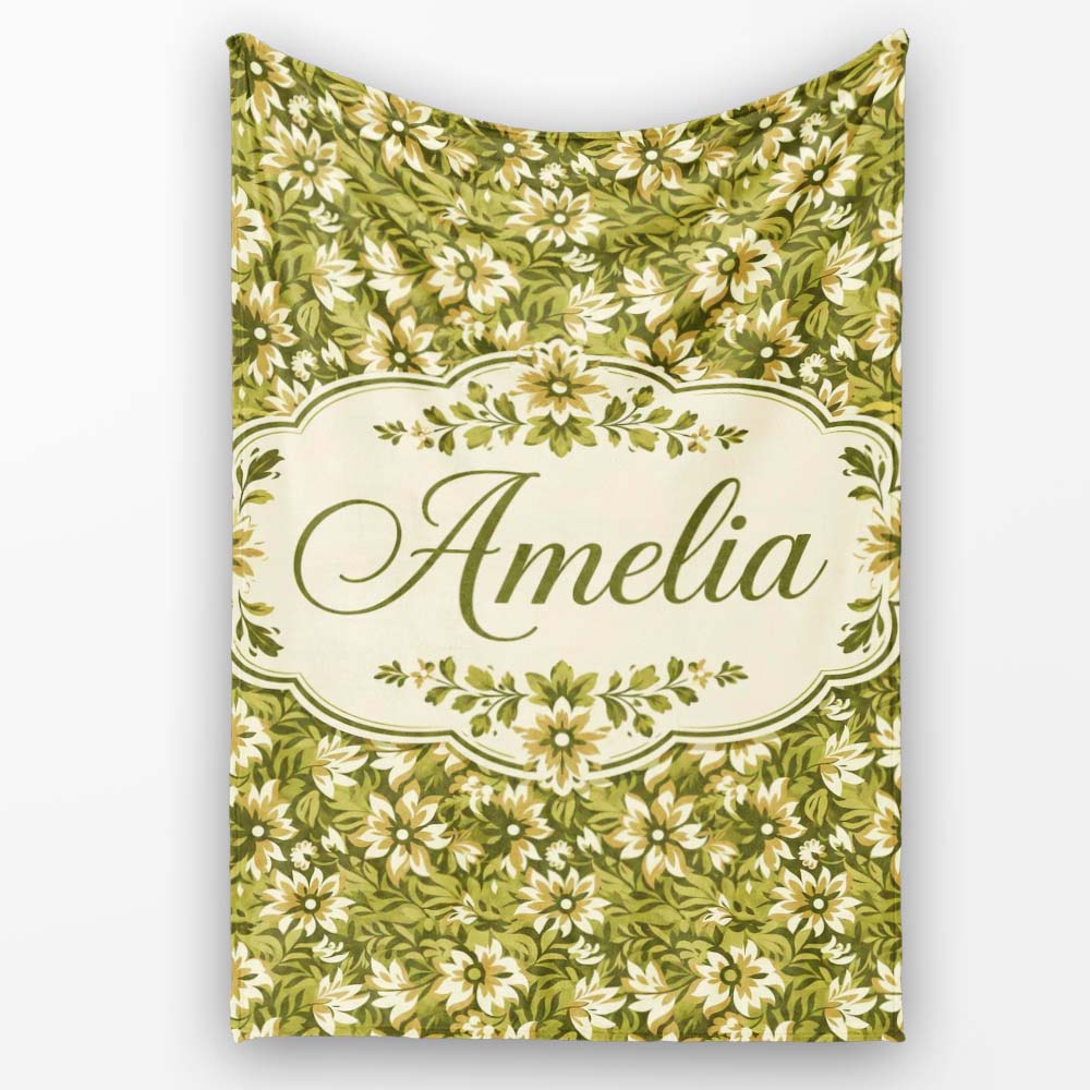 Floral Daisy Olive Green Garden Seamless Pattern Name Cute Unique Personalised Custom Name Super Soft Fleece Blanket Bed Sofa Throw