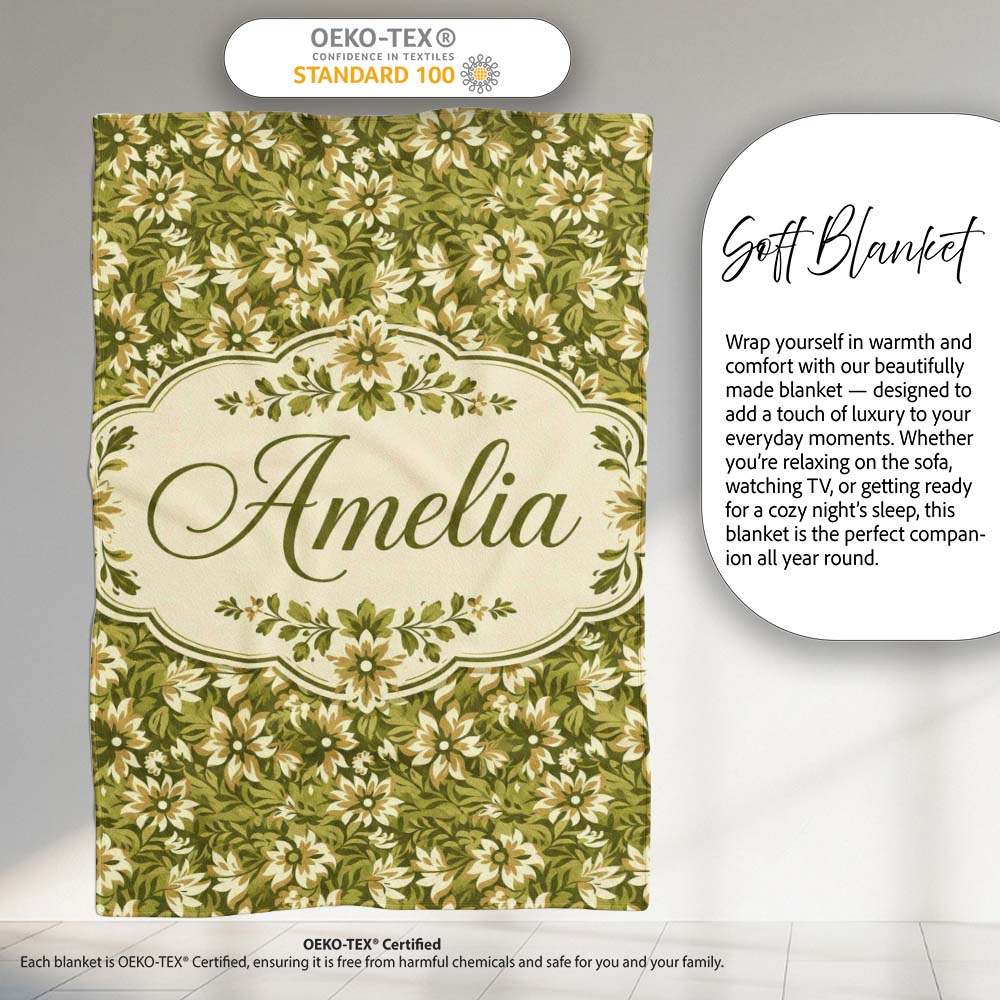 Floral Daisy Olive Green Garden Seamless Pattern Name Cute Unique Personalised Custom Name Super Soft Fleece Blanket Bed Sofa Throw