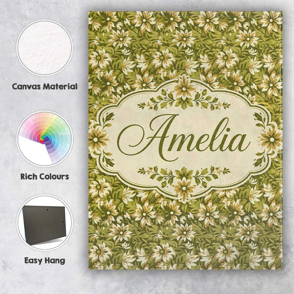 Personalised Name Floral Daisy Olive Green Custom Unique Gift Idea Elegant Feature Canvas Wall Art Print Decor Picture Ready to Hang