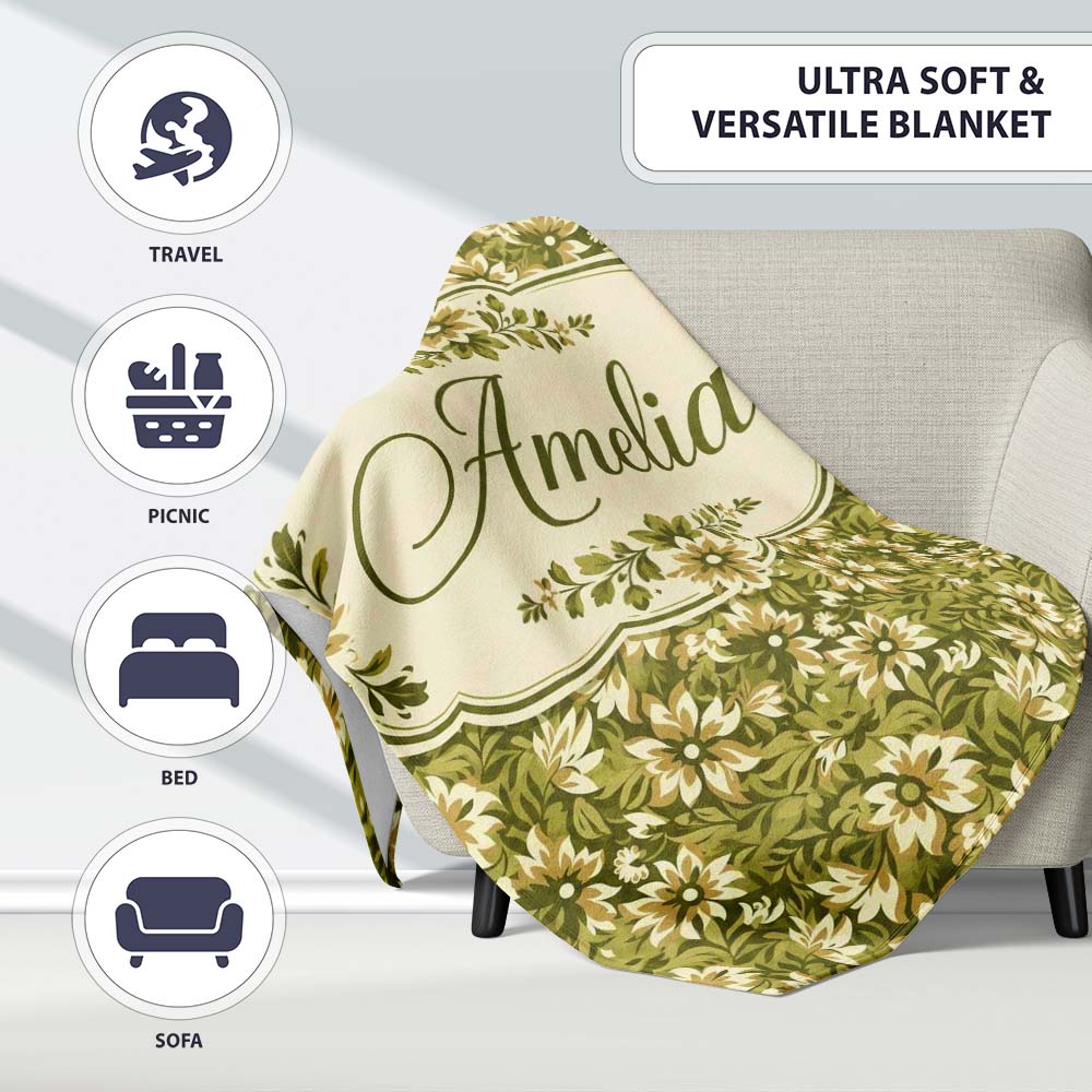 Floral Daisy Olive Green Garden Seamless Pattern Name Cute Unique Personalised Custom Name Super Soft Fleece Blanket Bed Sofa Throw