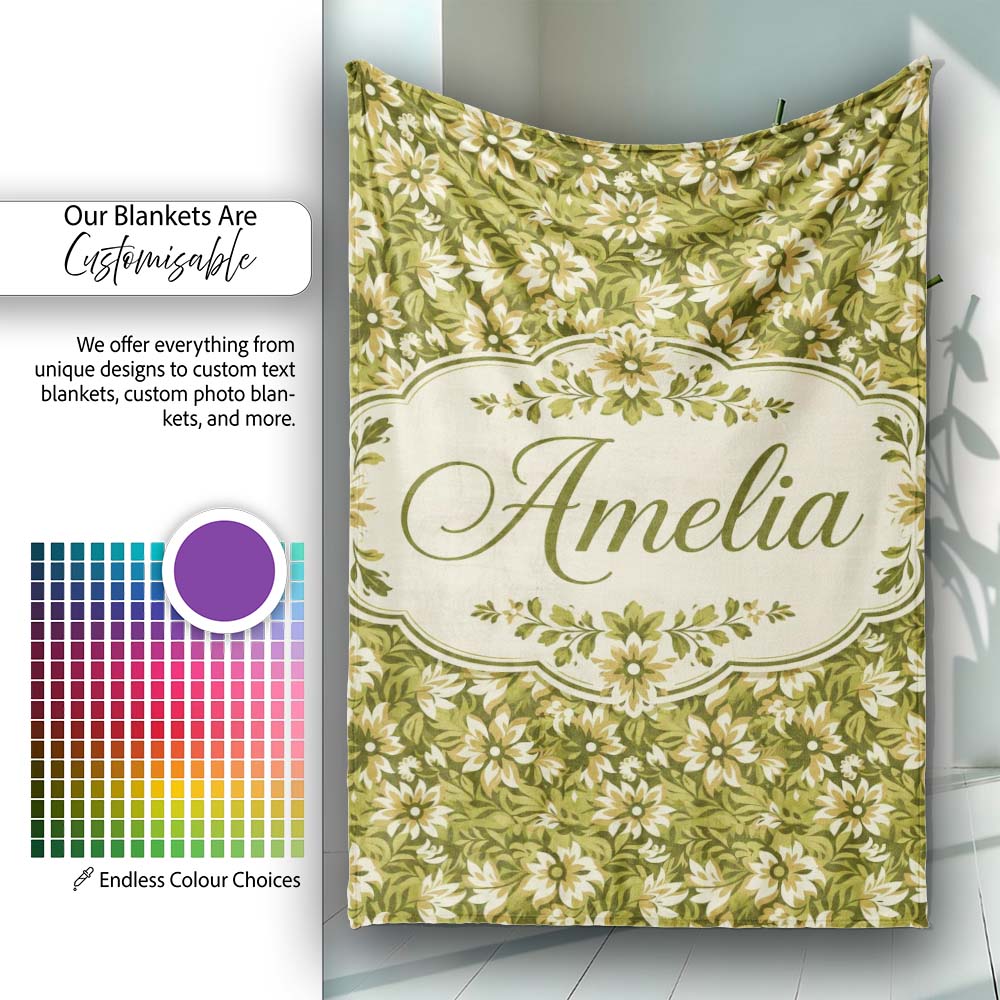 Floral Daisy Olive Green Garden Seamless Pattern Name Cute Unique Personalised Custom Name Super Soft Fleece Blanket Bed Sofa Throw