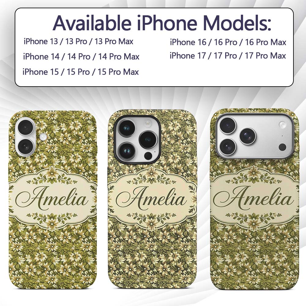 Floral Daisy Olive Green Garden Seamless Pattern Custom Name Protective Phone Case Mobile Cover Durable Everyday Smartphone Shock Resistant