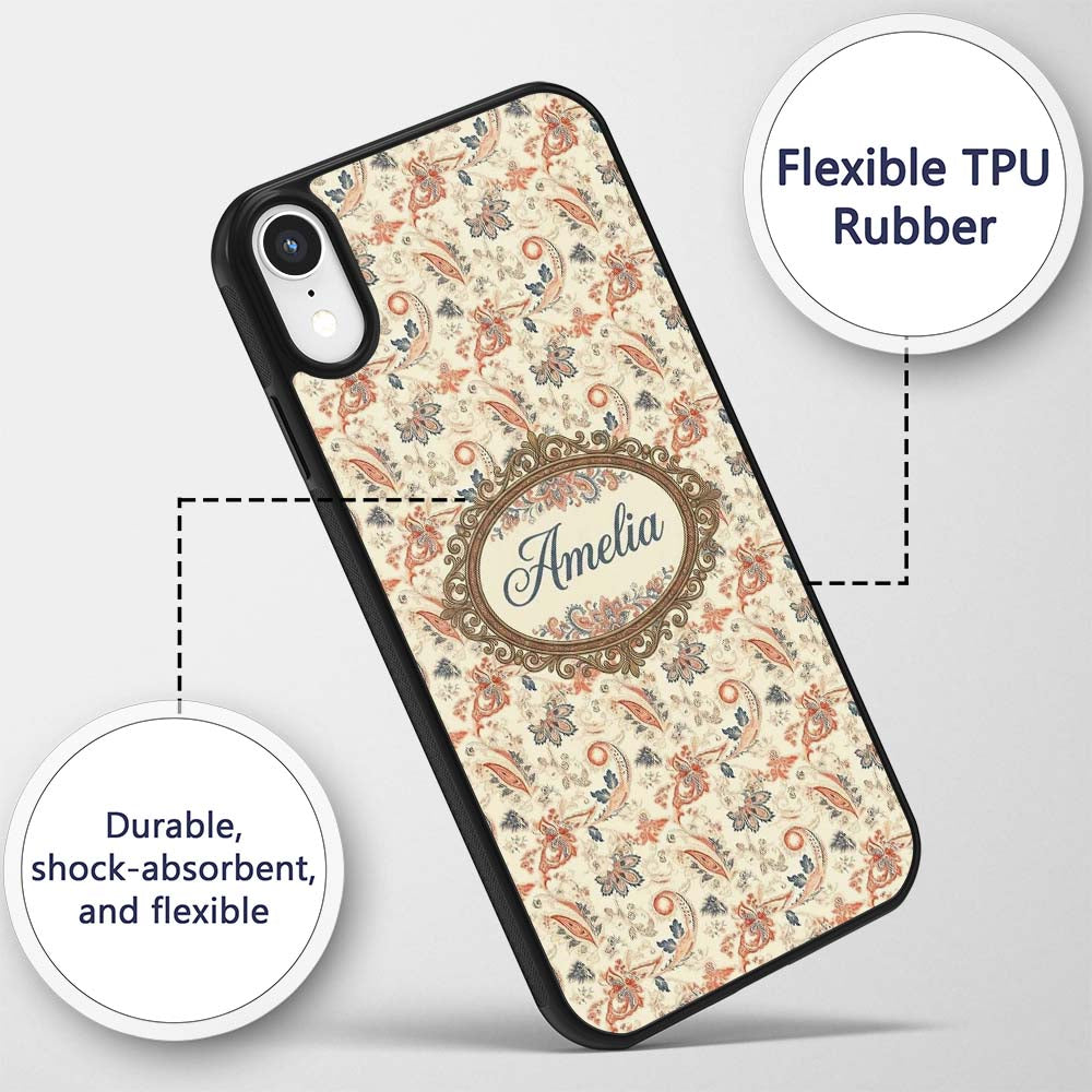 Elegant Vintage Paisley Red Blue Cream Seamless Custom Name Protective Phone Case Mobile Cover Durable Everyday Smartphone Shock Resistant