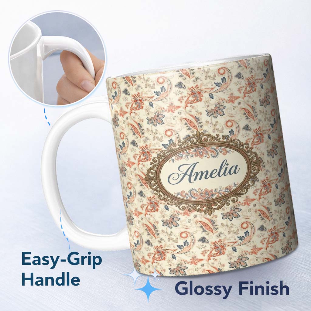 Personalized Custom Name Elegant Vintage Paisley Red Blue Cream Seamless Pattern Name Cute 11oz Ceramic Coffee Tea Mug White Large Handle