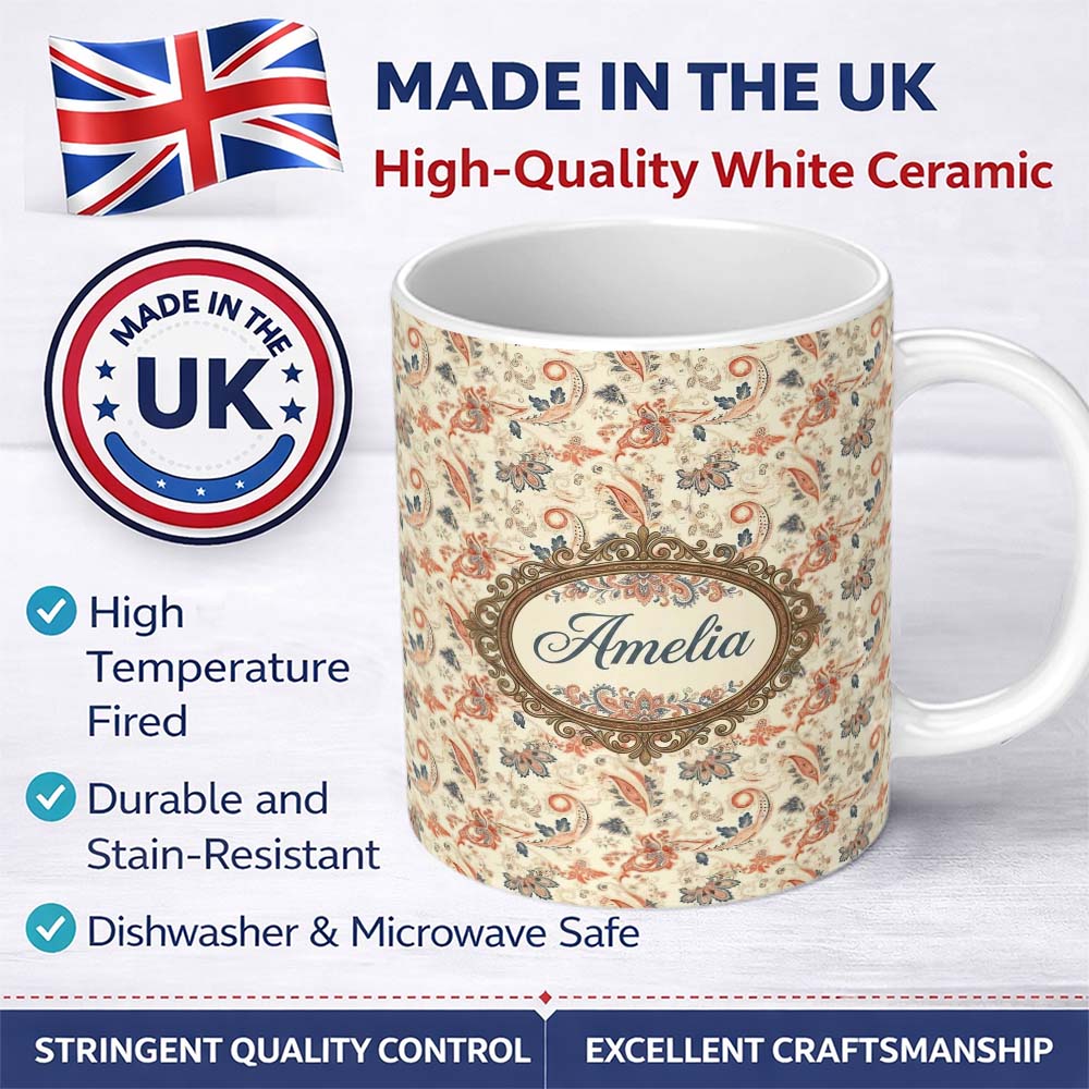 Personalized Custom Name Elegant Vintage Paisley Red Blue Cream Seamless Pattern Name Cute 11oz Ceramic Coffee Tea Mug White Large Handle