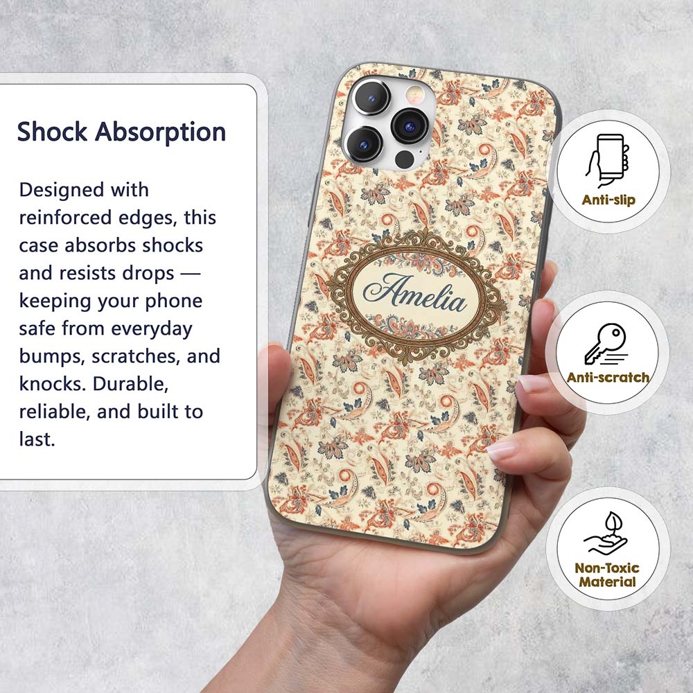 Elegant Vintage Paisley Red Blue Cream Seamless Custom Name Protective Phone Case Mobile Cover Durable Everyday Smartphone Shock Resistant