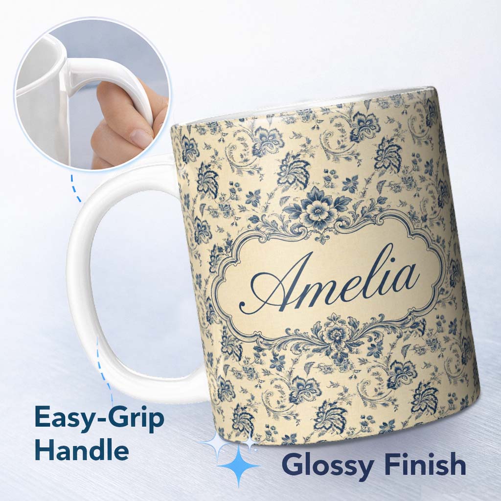 Personalized Custom Name Classic Blue Toile Floral Vintage Seamless Pattern Name Cute Unique 11oz Ceramic Coffee Tea Mug White Large Handle