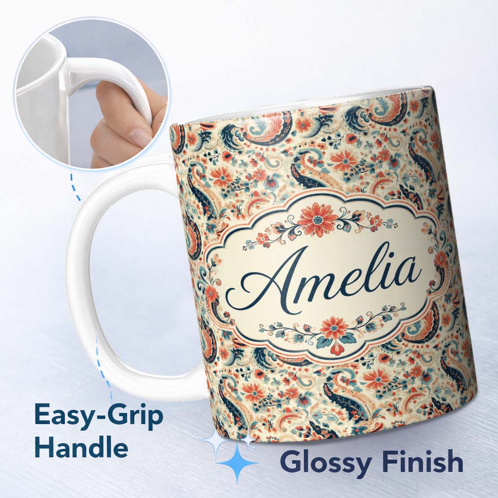 Personalized Custom Name Bohemian Paisley Red Blue Floral Seamless Pattern Name Cute Unique 11oz Ceramic Coffee Tea Mug White Large Handle