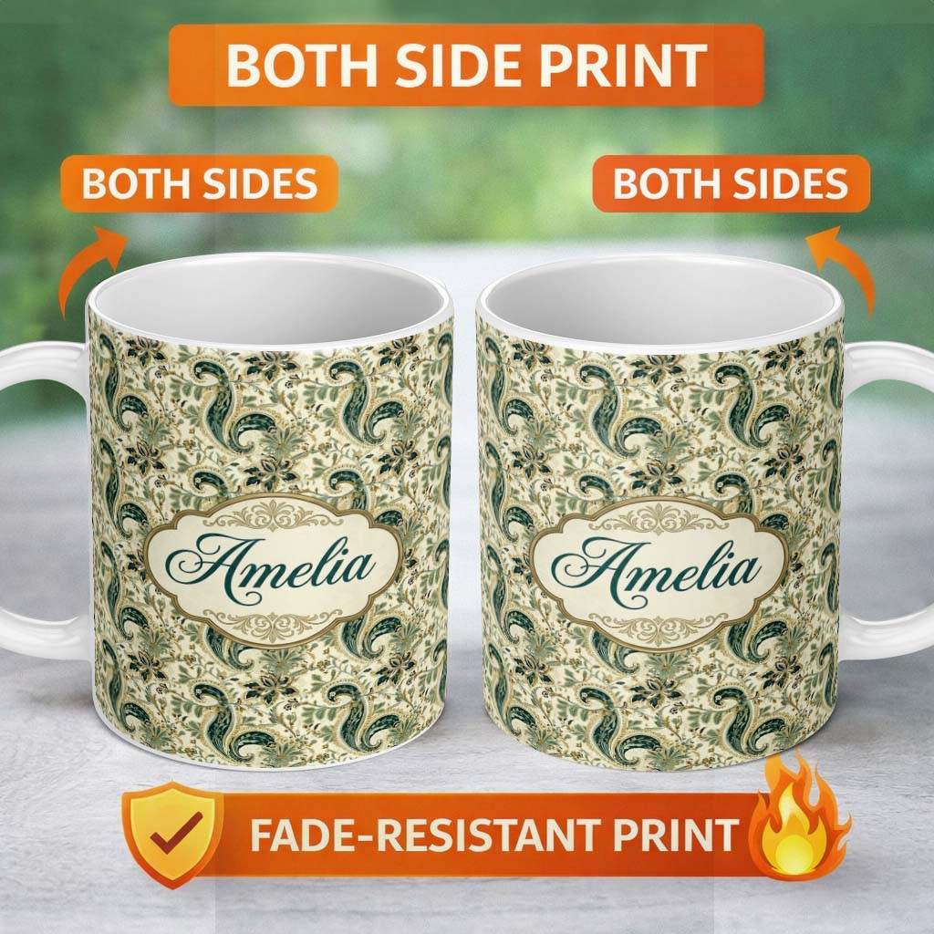 Personalized Custom Name Elegant Green Gold Paisley Floral Seamless Pattern Name Cute Unique 11oz Ceramic Coffee Tea Mug White Large Handle