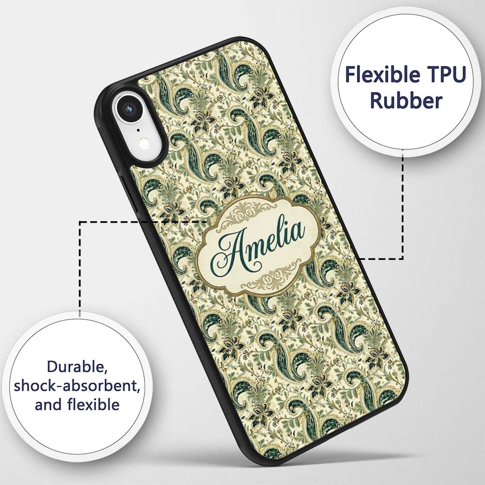 Elegant Green Gold Paisley Floral Printed Design Custom Name Protective Phone Case Mobile Cover Durable Everyday Smartphone Shock Resistant