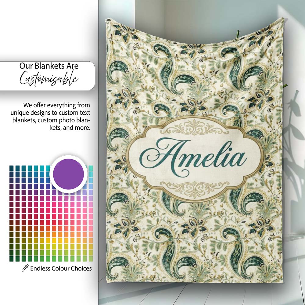 Elegant Green Gold Paisley Floral Seamless Pattern Name Cute Unique Personalised Custom Name Super Soft Fleece Blanket Bed Sofa Throw