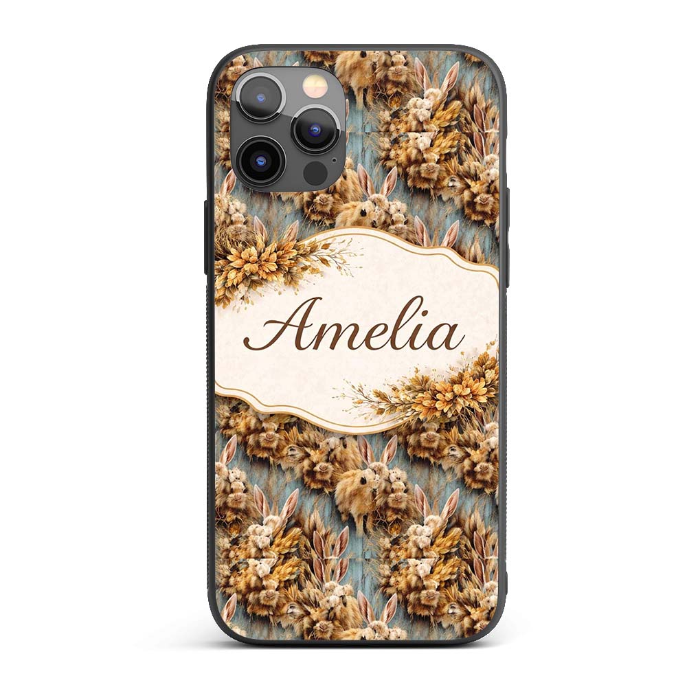 Vintage Style Brown Rabbit Garden Illustration Custom Name Protective Phone Case Mobile Cover Durable Everyday Smartphone Shock Resistant