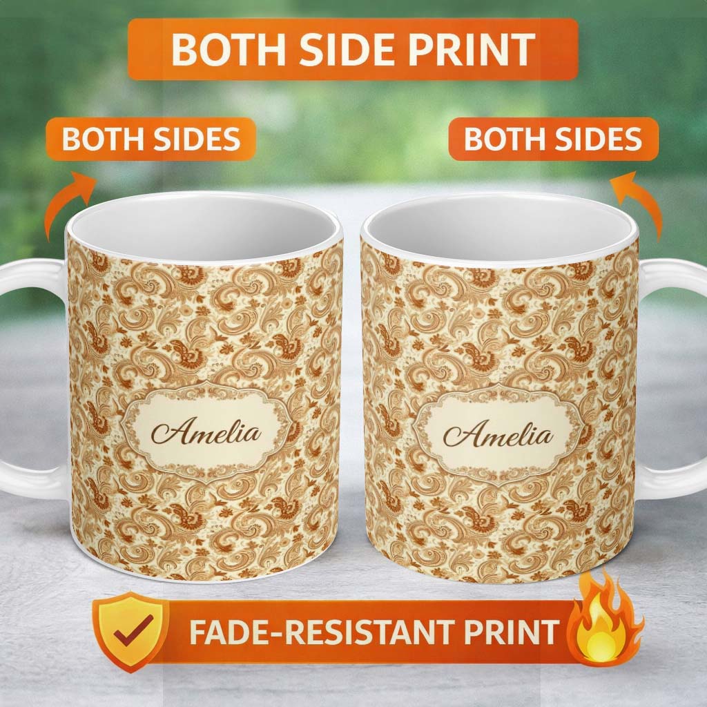 Personalized Custom Name Vintage Brown Cream Paisley Floral Seamless Pattern Name Cute 11oz Ceramic Coffee Tea Mug White Large Handle