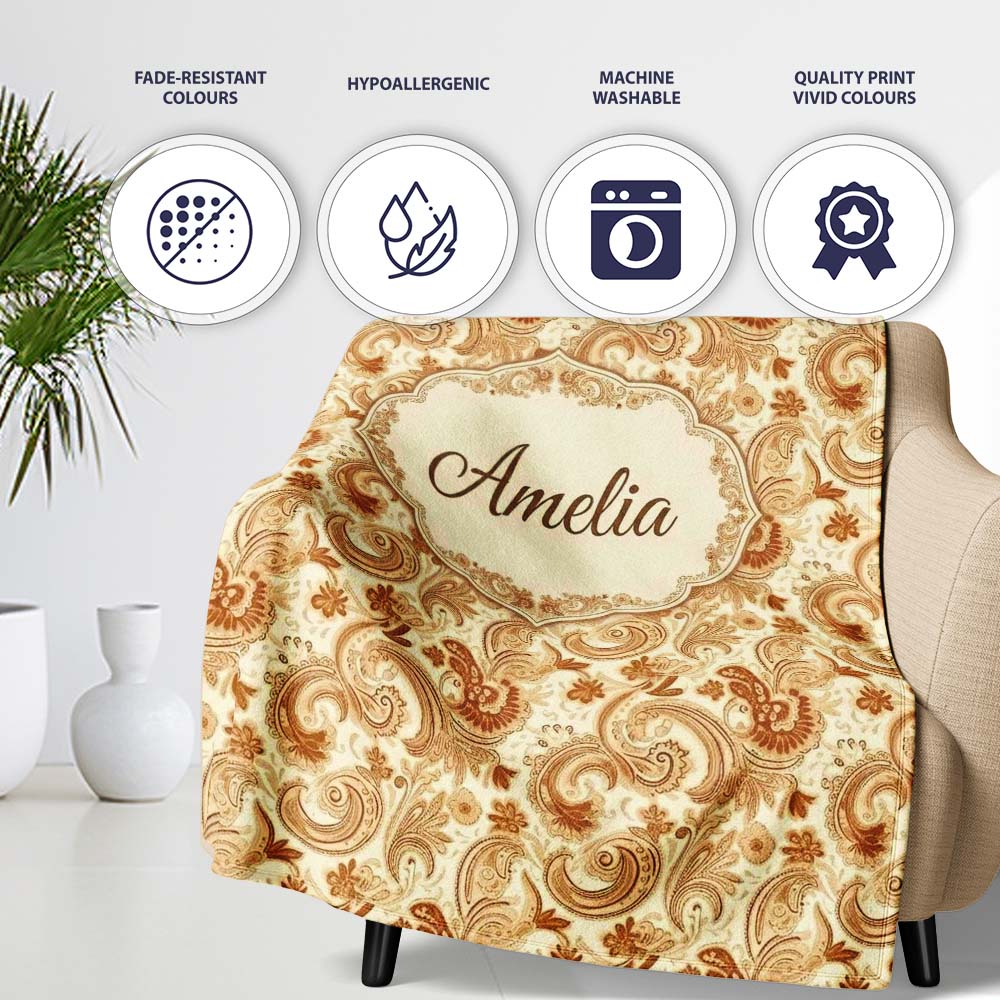 Vintage Brown Cream Paisley Floral Seamless Pattern Name Cute Personalised Custom Name Super Soft Fleece Blanket Bed Sofa Throw