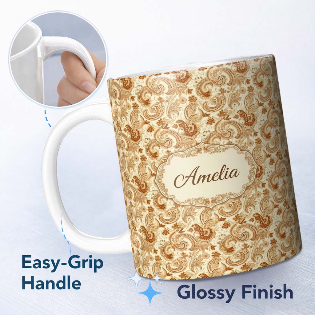 Personalized Custom Name Vintage Brown Cream Paisley Floral Seamless Pattern Name Cute 11oz Ceramic Coffee Tea Mug White Large Handle