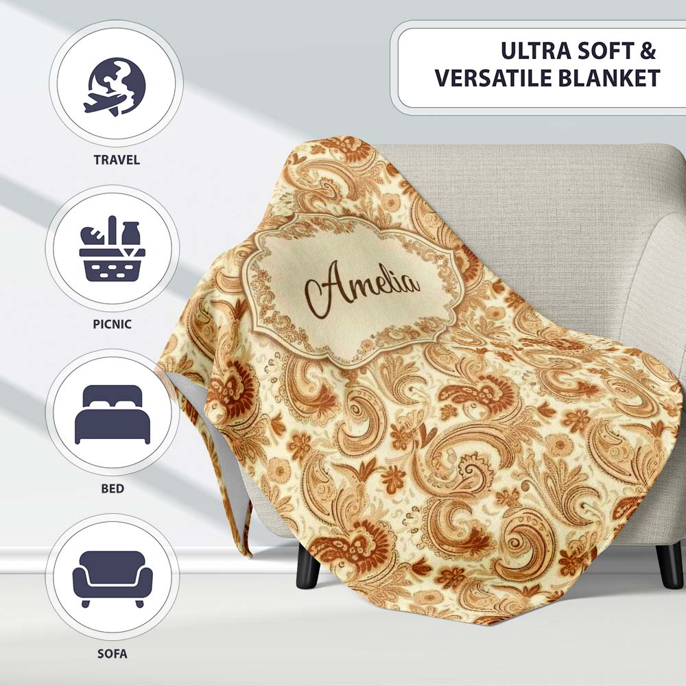 Vintage Brown Cream Paisley Floral Seamless Pattern Name Cute Personalised Custom Name Super Soft Fleece Blanket Bed Sofa Throw